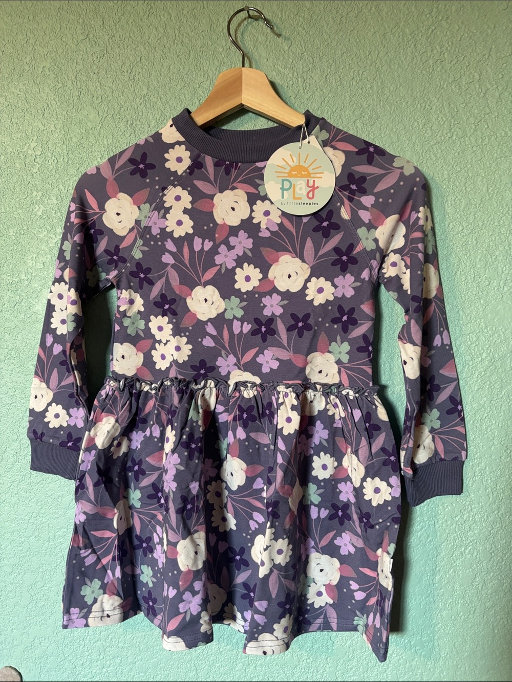 Little Sleepies Purple Floral Long-Sleeve Dress White and Lavender Girls 6 7 NWT